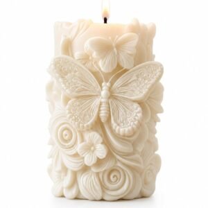 Candle with Ornate Floral Scroll Carving, Ivory Decorative Handmade Aroma Candle, Elegant Home Décor Accent for Living Room (338 Butterfly Bloom)