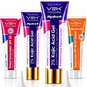 VSK Professional Hydrate 2% Kojic Acid Face Serum in Gel with PDRN Dermal Complex, Glow Sunscreen & Tinted Sunscreen SPF 50+ | Alpha Arbutin Brightening Treatment for Dark Spots, Melasma & Uneven Skin Tone | Lightweight Non-Greasy Daily Use Combo