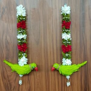 Handcrafted Parrot Hanging Ornament with Jasmine Flowers, Decorative Bird Latkan for Pooja, Wedding, Home Decor, Wall & Door Hanging (New Chakri Multi Short with Parrot)