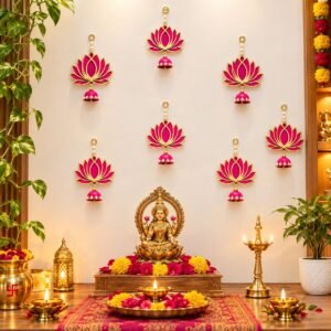 Acrylic Lotus Hanging Decoration Set of 6 Pink | Handmade Jhumki Style Wall Decor | Lotus Hanging for Home, Temple, Pooja Room, Diwali, Wedding & Festival Decoration