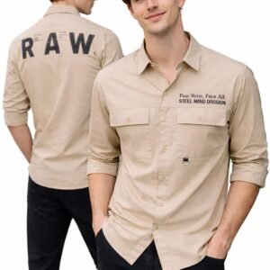 ADRO Mens Cotton Cargo Shirt in Beige Color – Full Sleeve Casual Fit with Chest Pockets | Travel wear | Printed Shirts for Men
