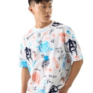 The Souled Store Official Marvel: Creative Chaos Men and Boys Short Sleeves Round Neck Multicolor All Over Printed Cotton Oversized T-Shirts